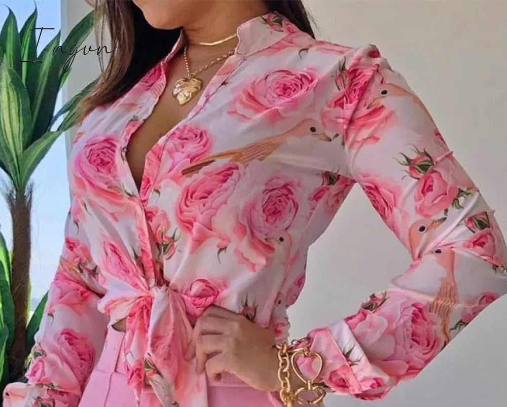 Ingvn - Women Long Sleeve Floral Printed Tie Knot Top Blouse Casual Spring Shirts Female L / Pink