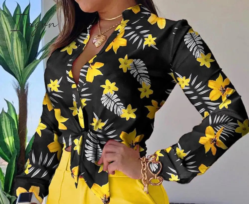 Ingvn - Women Long Sleeve Floral Printed Tie Knot Top Blouse Casual Spring Shirts Female M / Yellow