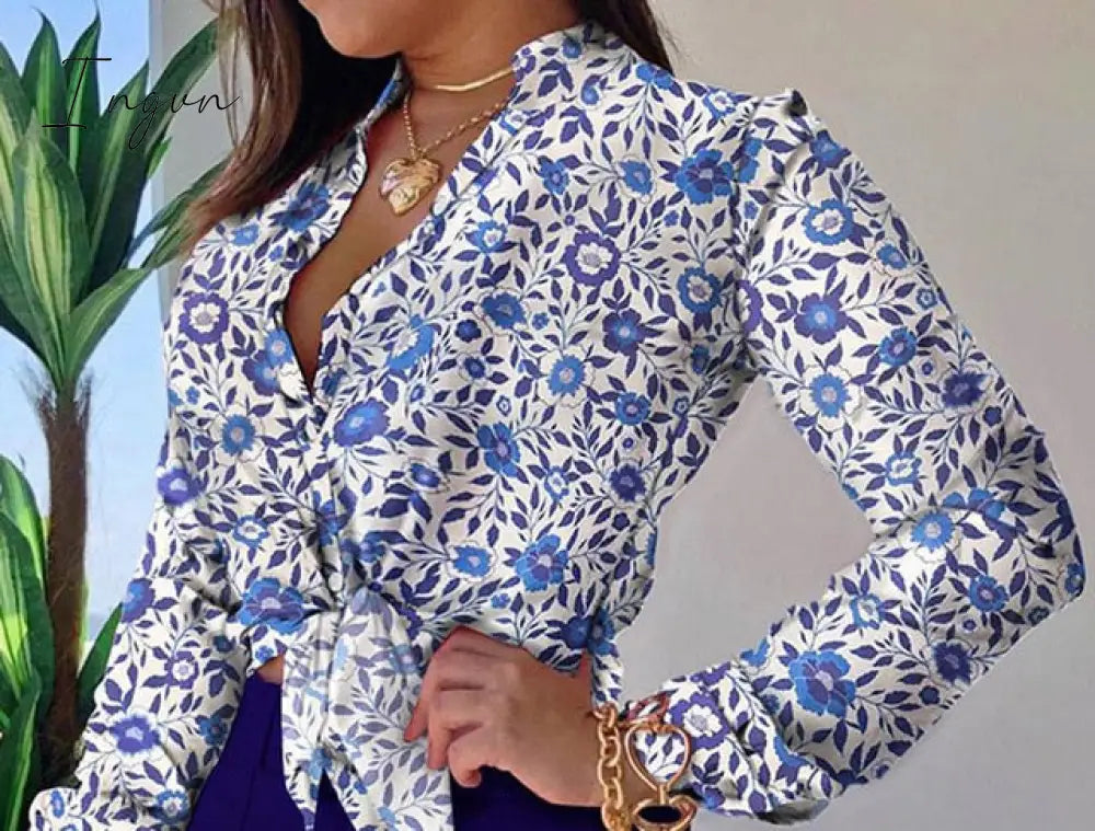 Ingvn - Women Long Sleeve Floral Printed Tie Knot Top Blouse Casual Spring Shirts Female S / Blue