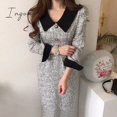 Ingvn - Women Long Tweed Dress Autumn Retro Temperament Contrast Color Lapel Pleated Lace Waist