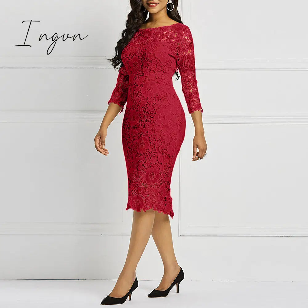 Ingvn - Women Midi Dress Hot Sale Elegant Sexy Ol Bodycon Floral Hollow Lace Female Fashion Evening