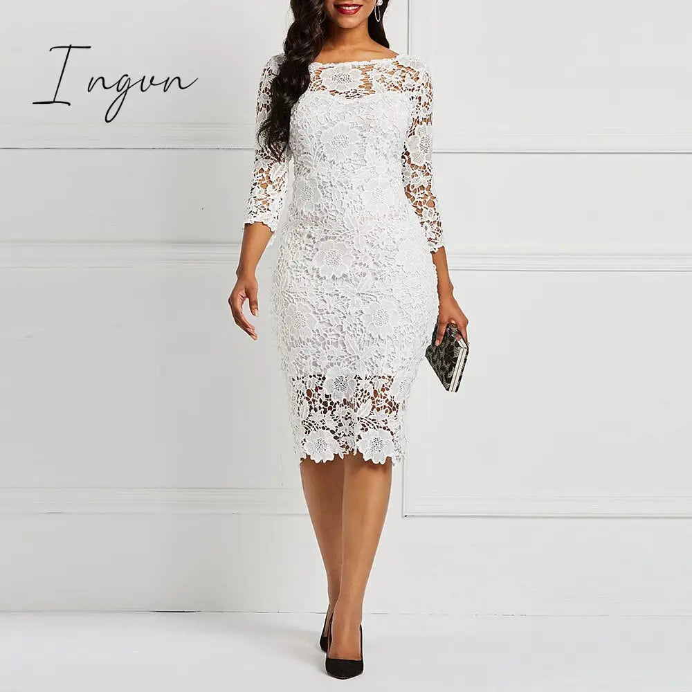 Ingvn - Women Midi Dress Hot Sale Elegant Sexy Ol Bodycon Floral Hollow Lace Female Fashion Evening