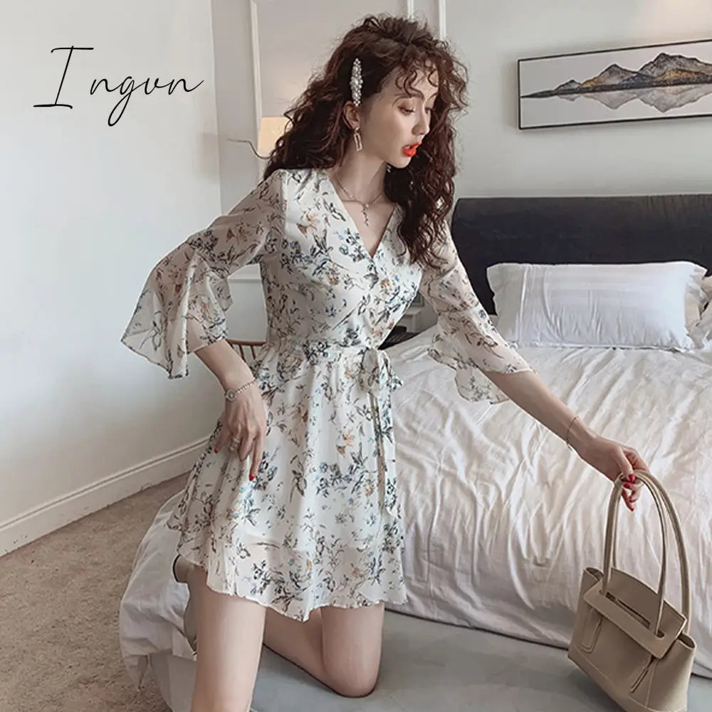 Ingvn - Women Mini Dress Spring New V - Neck Floral Chiffon High Waist Flare Sleeve Female