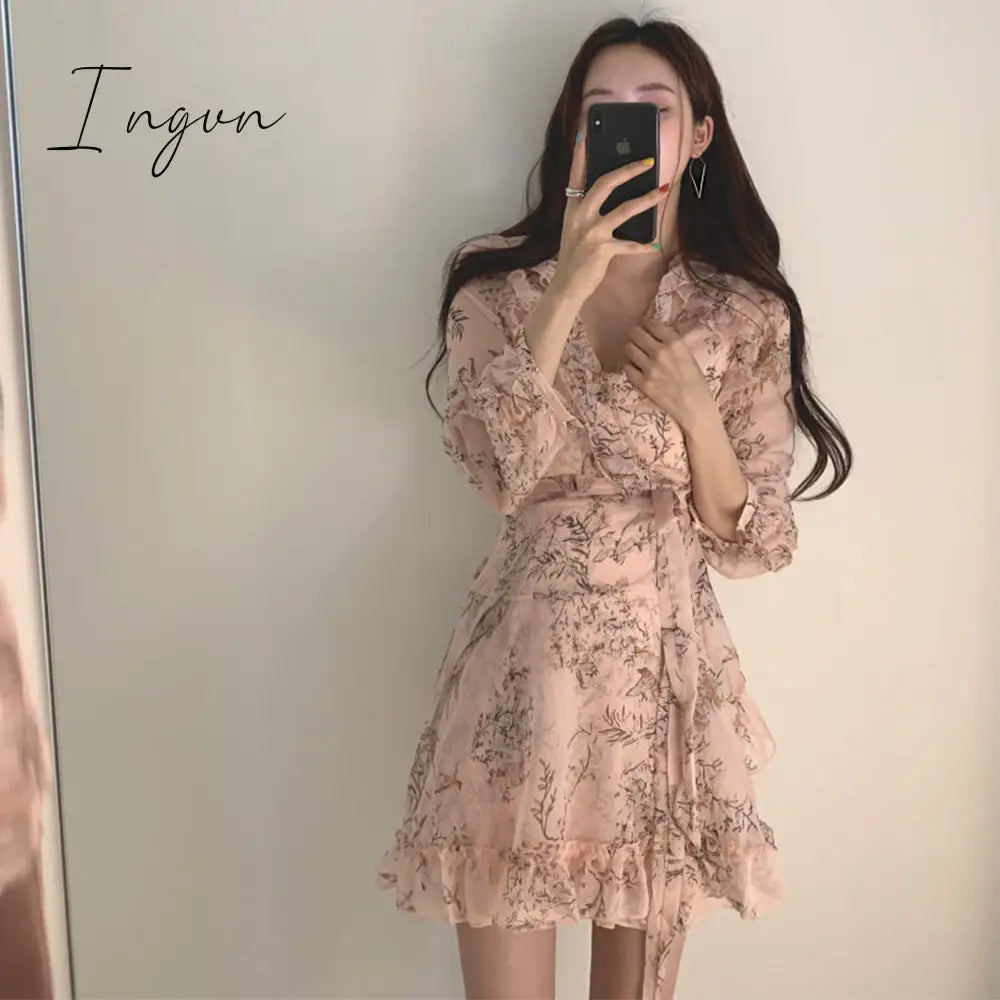 Ingvn - Women Mini Dress Spring New V - Neck Floral Chiffon High Waist Flare Sleeve Female
