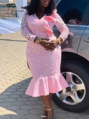 Ingvn - Women Pink Lace Dresses Midi Mermaid Long Sleeve African Ladies Party Birthday Dress