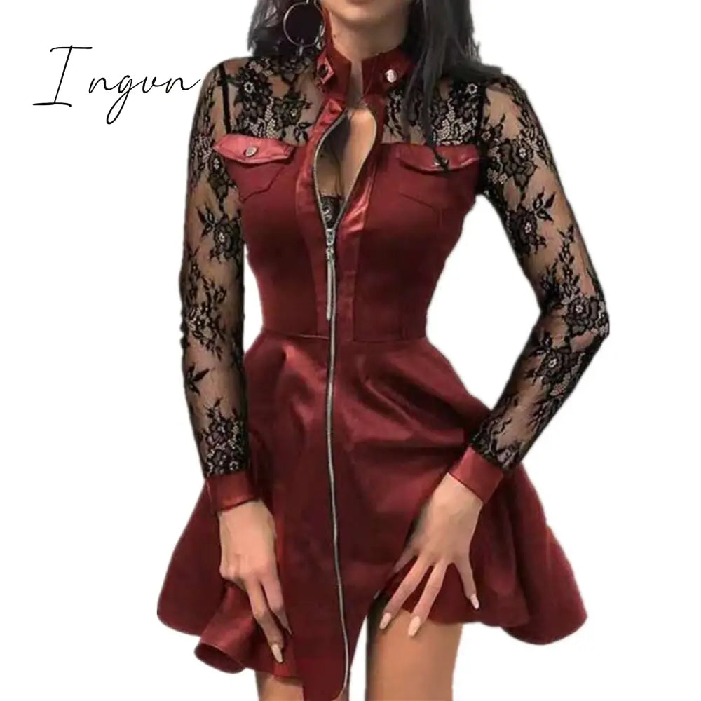 Ingvn - Women Plus Size 5Xl Summer Lace Sleeve Pu Faux Leather Mini Dress V - Neck Zipper Party