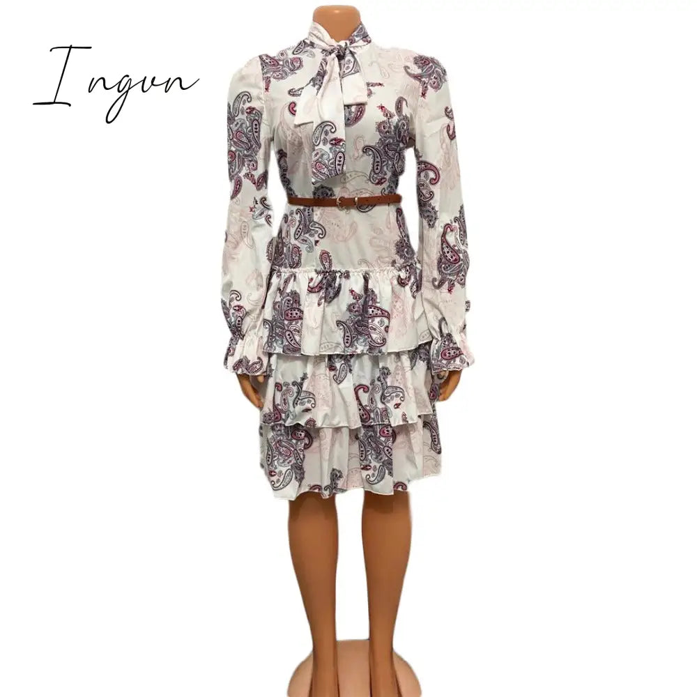 Ingvn - Women Printed Dresses Long Sleeves Bowtie Cake Dress Female Ruffles Pleated Africn Fashion