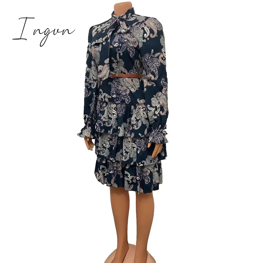 Ingvn - Women Printed Dresses Long Sleeves Bowtie Cake Dress Female Ruffles Pleated Africn Fashion