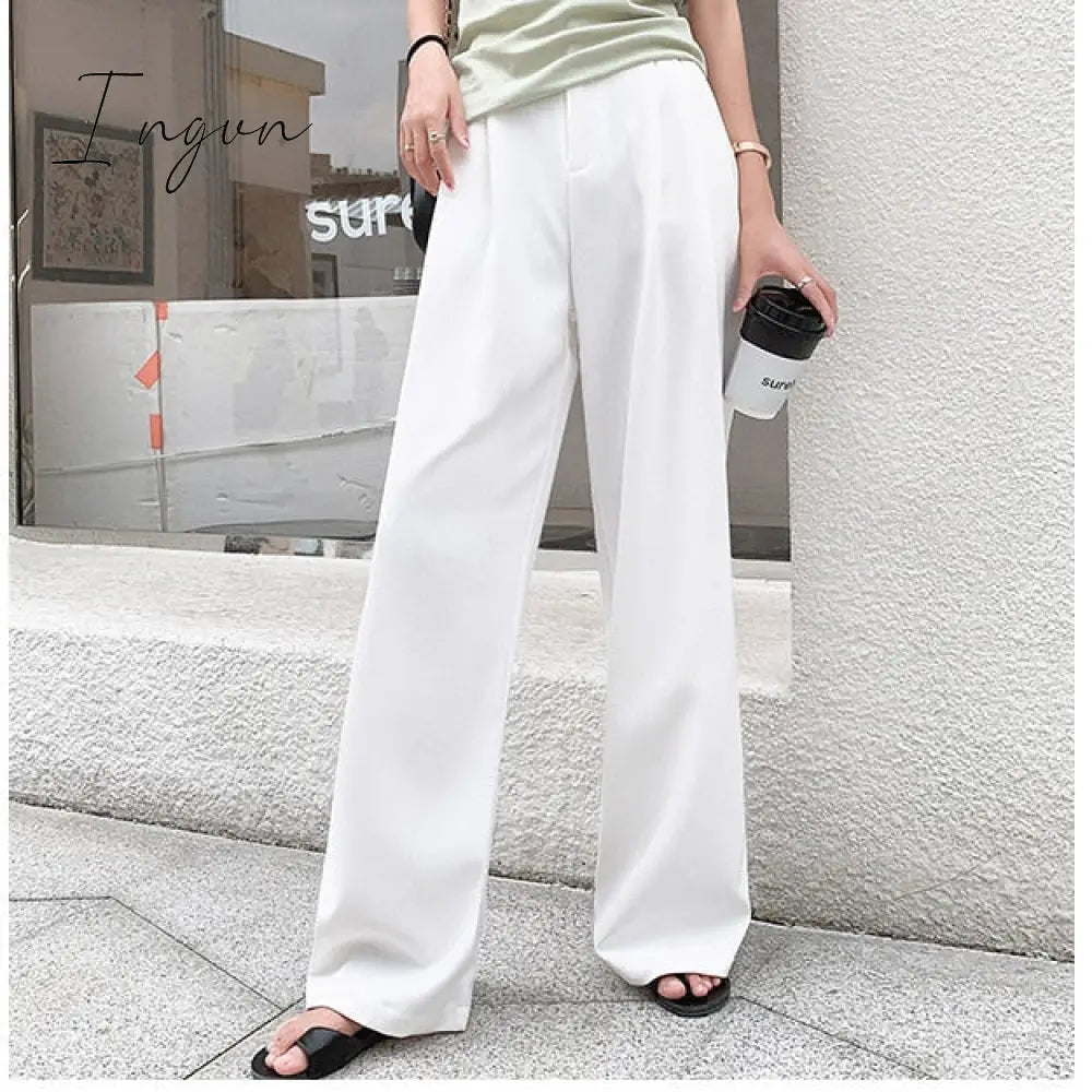 Ingvn - Women Retro Solid Color Wild Straight Wide Leg Pants Female Spring New Korean Fashion High
