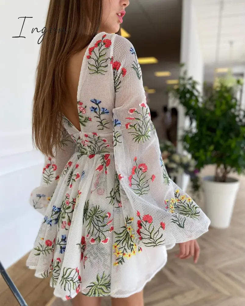 Ingvn - Women’s Dress Spring Mesh Floral Embroidery Sexy V - Neck Dresses Cute Lantern Sleeve Mini