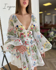 Ingvn - Women’s Dress Spring Mesh Floral Embroidery Sexy V - Neck Dresses Cute Lantern Sleeve