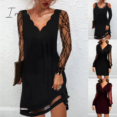 Ingvn - Women’s Sexy Dress Autumn Elegant Lace Long Sleeve Mesh Patchwork Dresses V - Neck