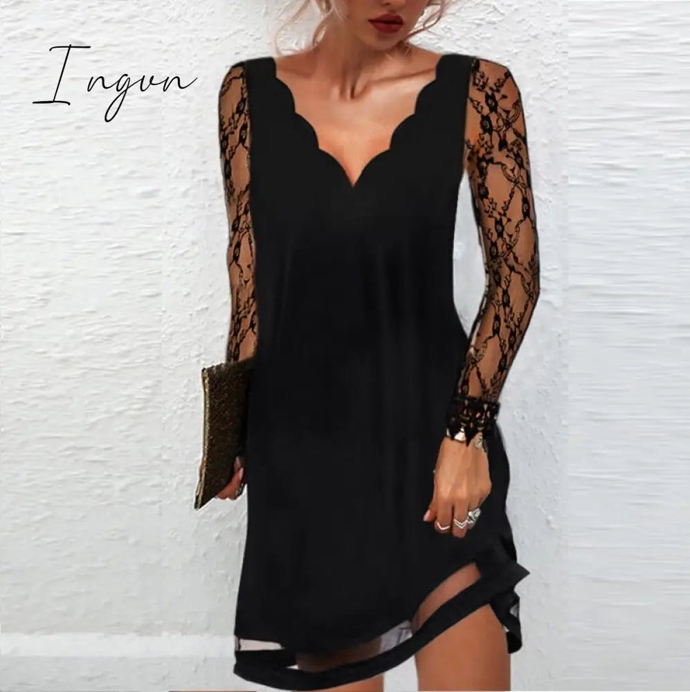 Ingvn - Women’s Sexy Dress Autumn Elegant Lace Long Sleeve Mesh Patchwork Dresses V - Neck