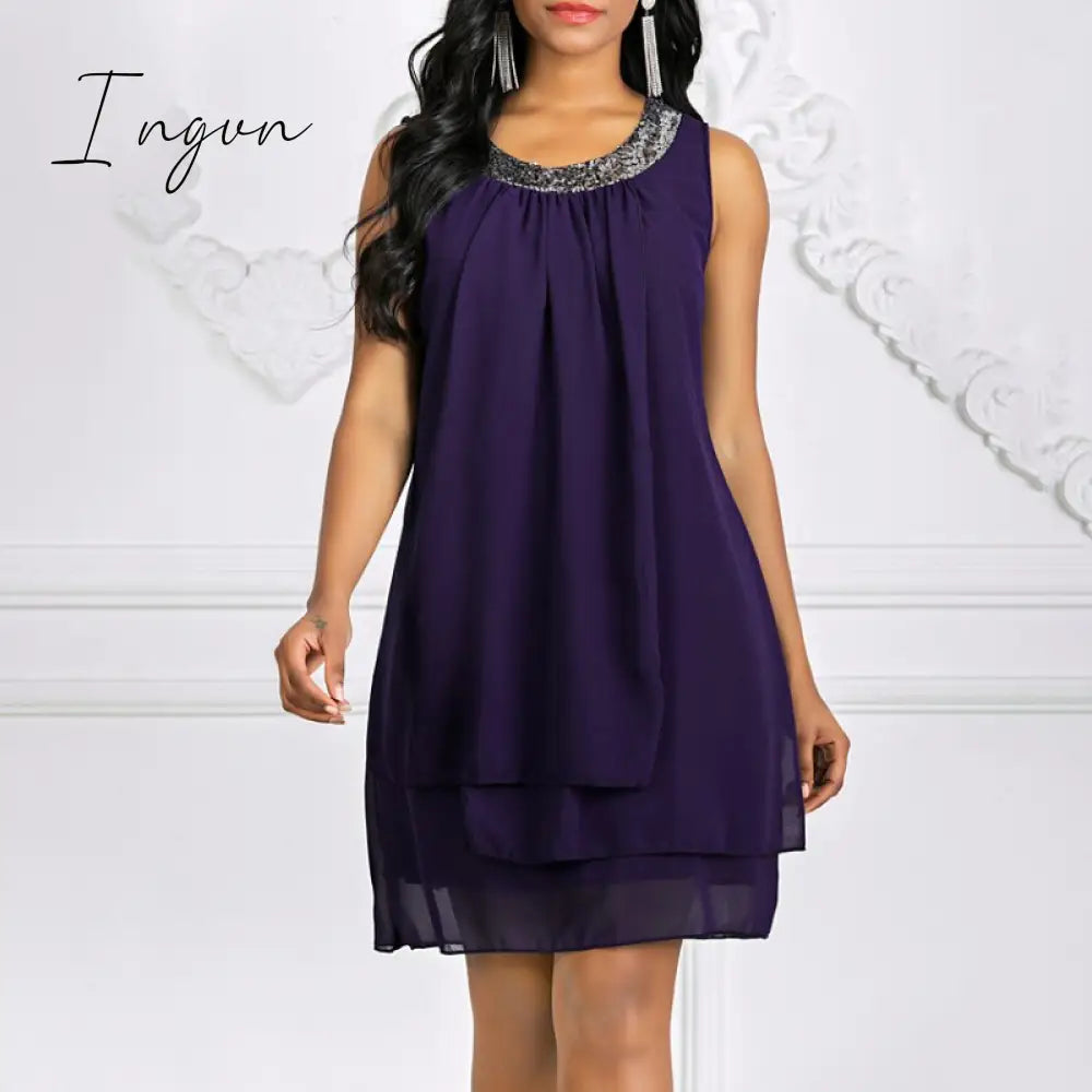 Ingvn - Women’s Shift Dress Knee Length Sleeveless Solid Color Layered Spring & Summer Plus Size