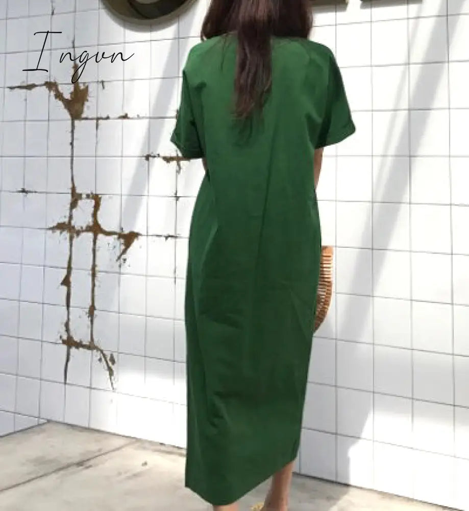 Ingvn - Women’s Summer Cotton Bodycon Vintage Long Dress Female Short Sleeve Bandage Vestidos