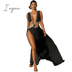 Ingvn - Women Sexy Floral Sequins Bare Back Deep V High Slit Wedding Party Evening Dress