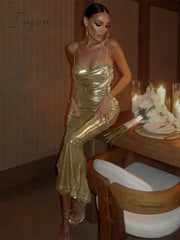 Ingvn - Women Sexy Spaghetti Strap Gold Midi Dress Fashion Wrap Chest Slim Backless Dresses 2023