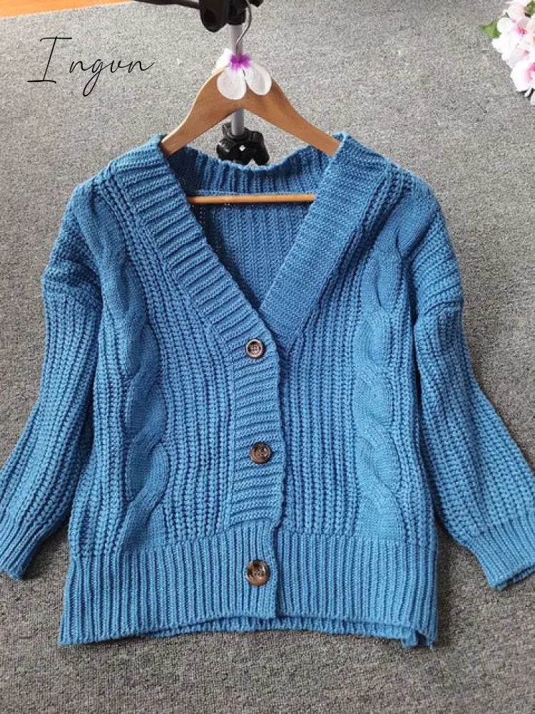 Ingvn - Women Short Cardigan Knitted Sweater Autumn Winter Long Sleeve V Neck Jumper Cardigans