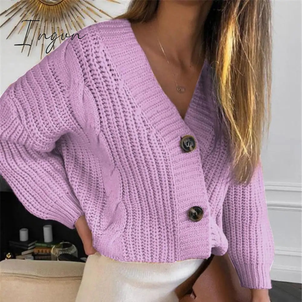 Ingvn - Women Short Cardigan Knitted Sweater Autumn Winter Long Sleeve V Neck Jumper Cardigans