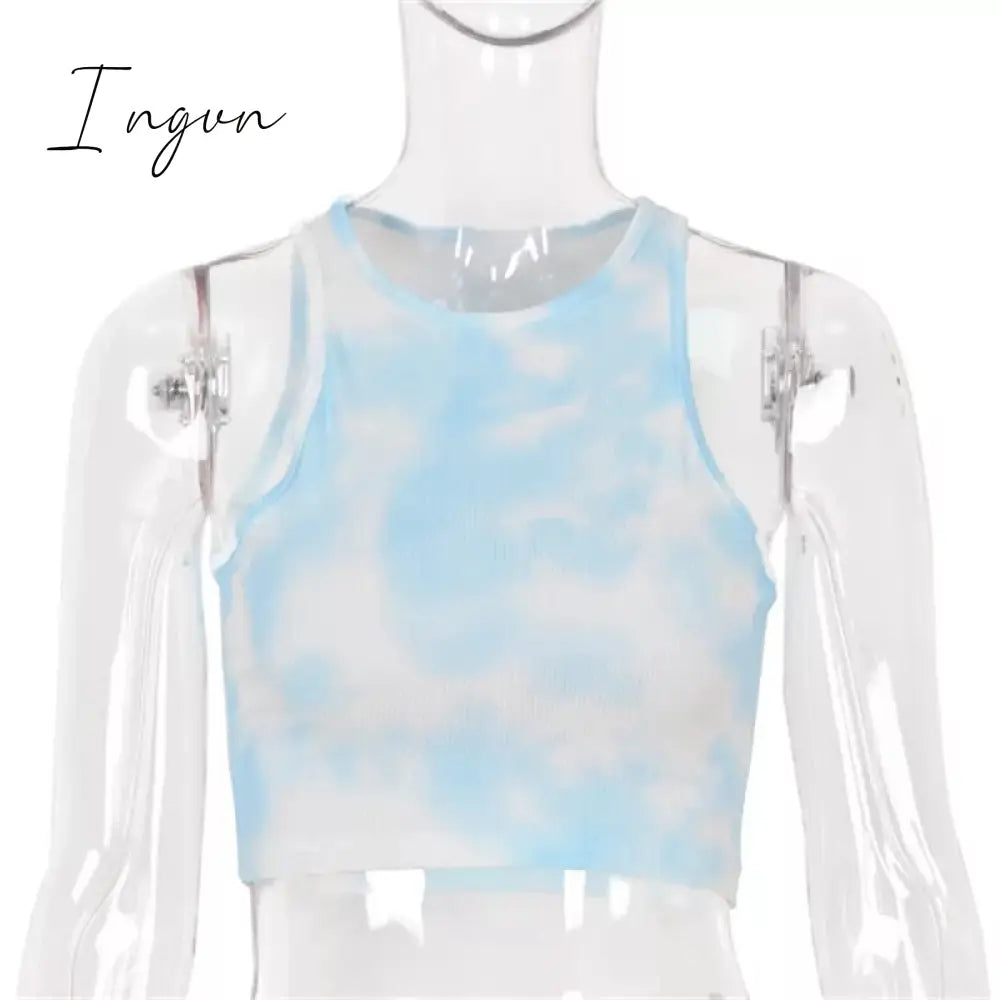 Ingvn - Women Sport Crop Tops Sexy Summer Halter Fashion Corset Top Tie Dye Tank Light Blue / S