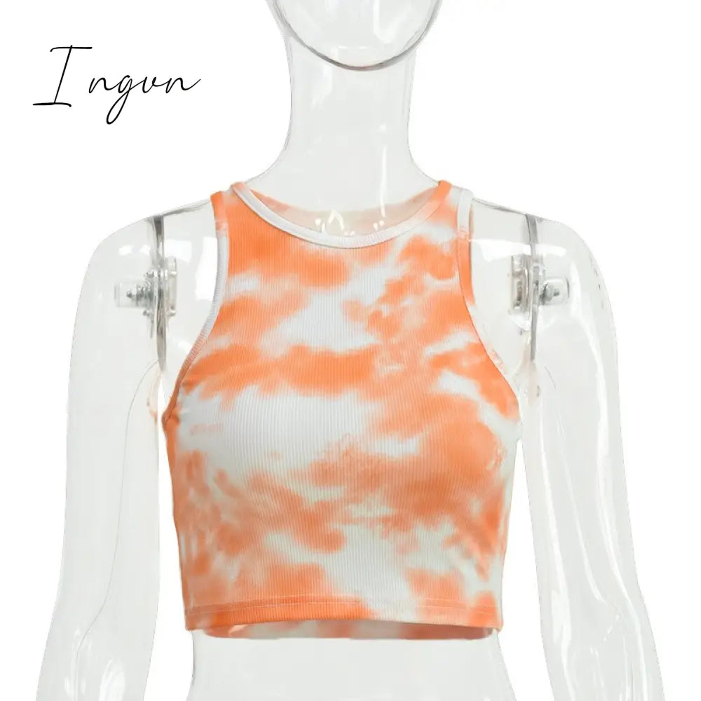 Ingvn - Women Sport Crop Tops Sexy Summer Halter Fashion Corset Top Tie Dye Tank Orange / S