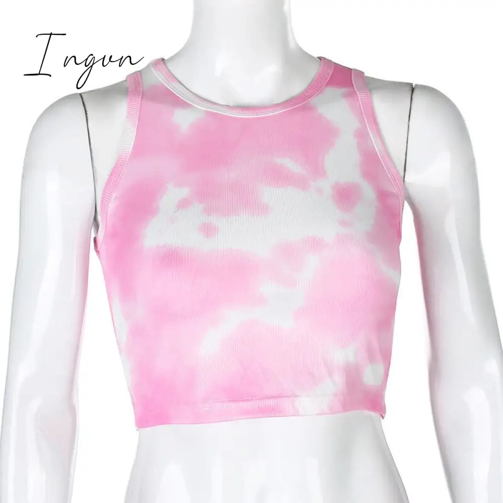 Ingvn - Women Sport Crop Tops Sexy Summer Halter Fashion Corset Top Tie Dye Tank Pink / S