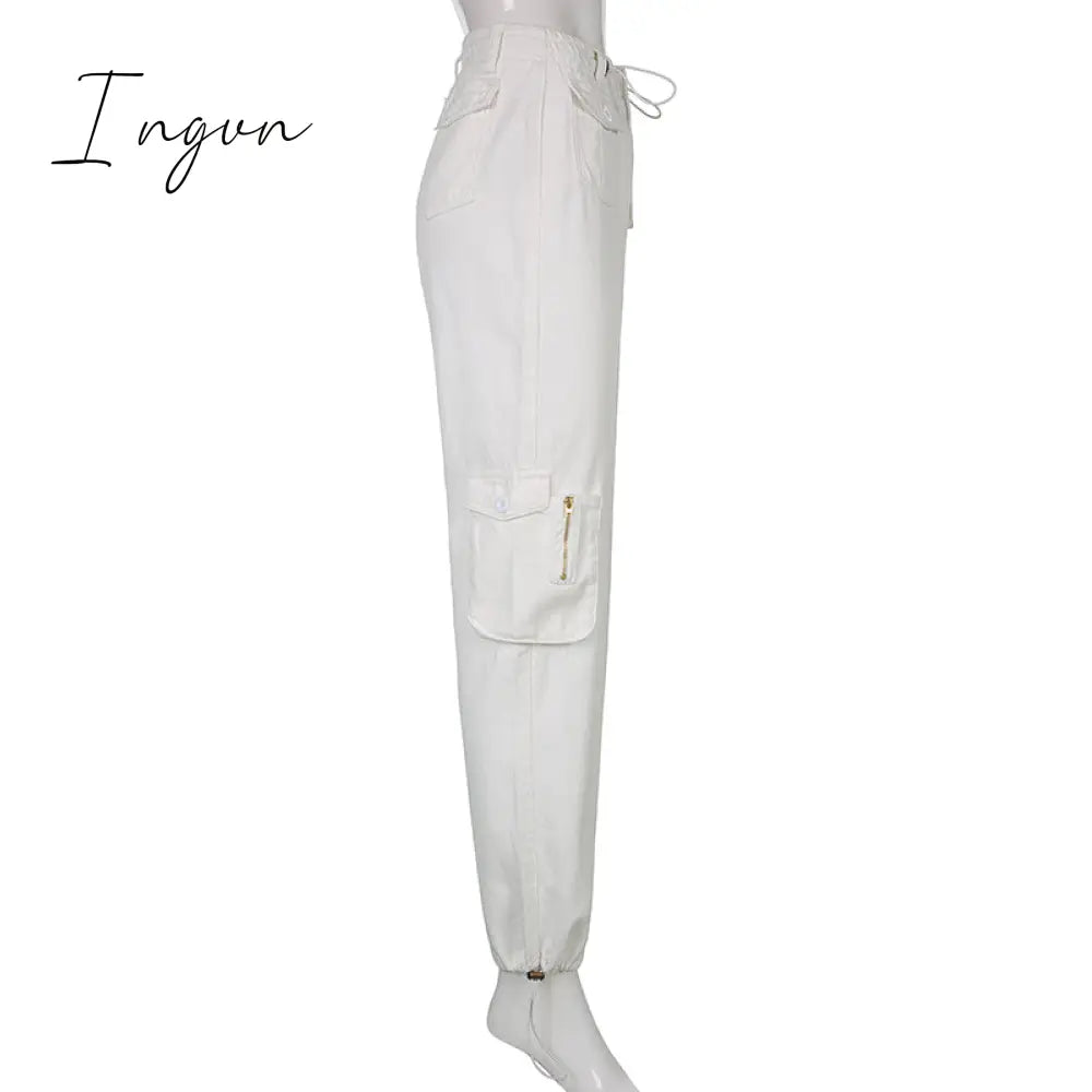 Ingvn - Women Spring Fashion Multi Pockets White Cargo Pants Adjustable Low Waist Baggy Wide Leg