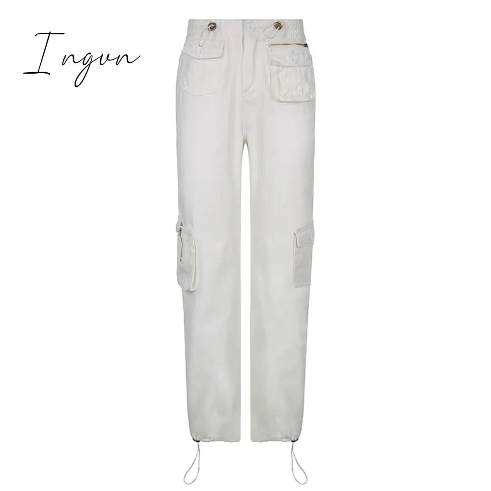 Ingvn - Women Spring Fashion Multi Pockets White Cargo Pants Adjustable Low Waist Baggy Wide Leg