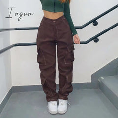 Ingvn - Women Spring Fashion Vintage Brown High Waist Cargo Pants Big Pockets Y2K Patchwork Baggy