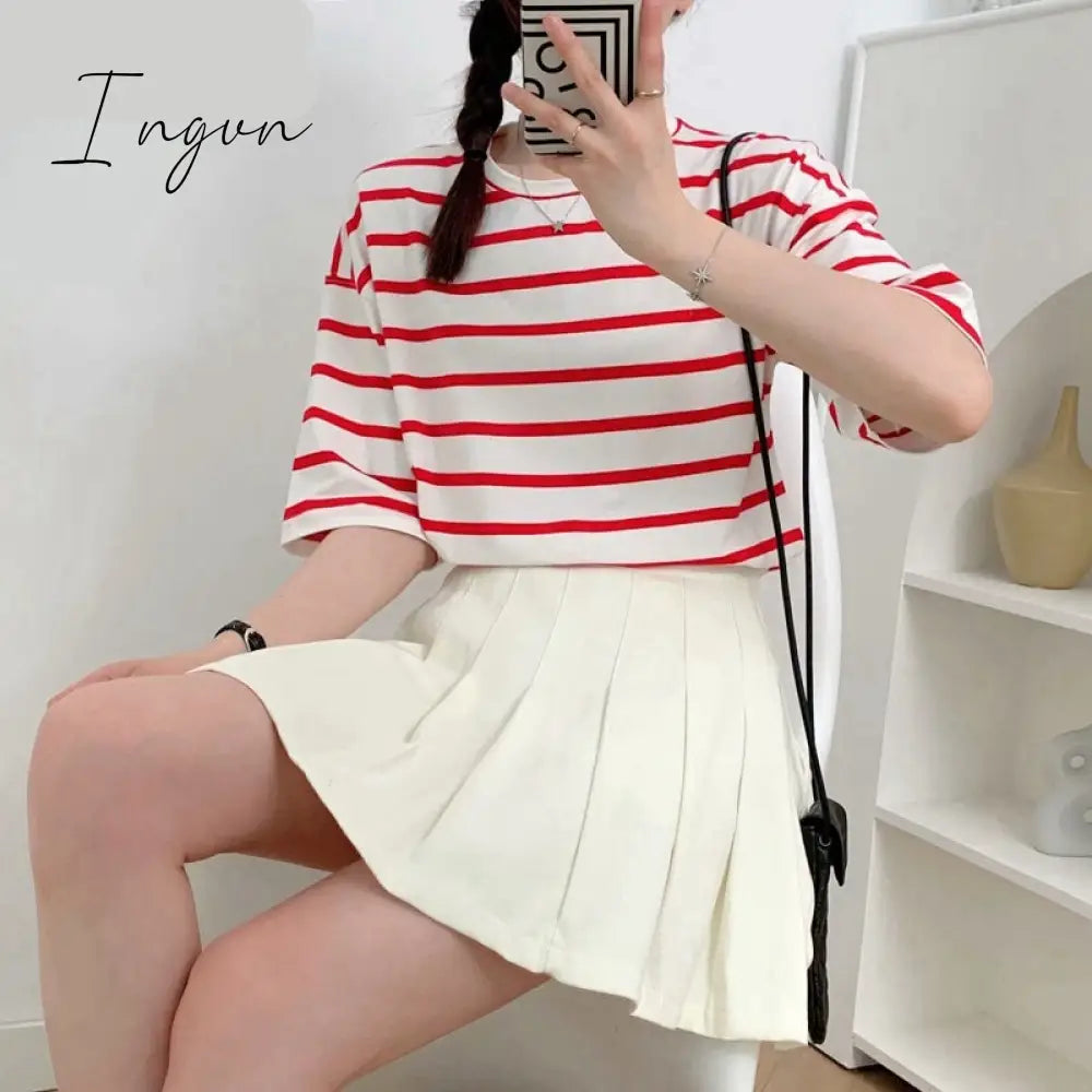 Ingvn - Women Striped Cotton T Shirt Short Sleeve O Neck Tees Ladies Casual Tee Street Wear Top 6L42