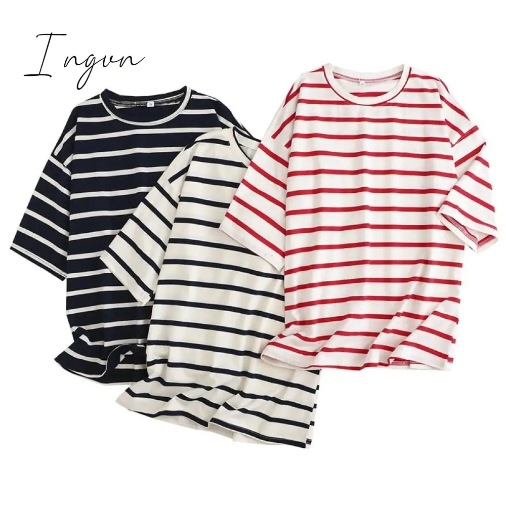 Ingvn - Women Striped Cotton T Shirt Short Sleeve O Neck Tees Ladies Casual Tee Street Wear Top 6L42