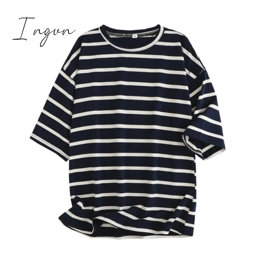 Ingvn - Women Striped Cotton T Shirt Short Sleeve O Neck Tees Ladies Casual Tee Street Wear Top