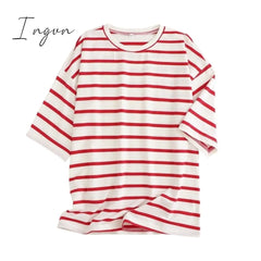 Ingvn - Women Striped Cotton T Shirt Short Sleeve O Neck Tees Ladies Casual Tee Street Wear Top