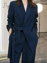 Ingvn - Women Suits Office Sets Pockets Coat Wide Leg Pants New 2023 Spring Autumn Wear Fashion