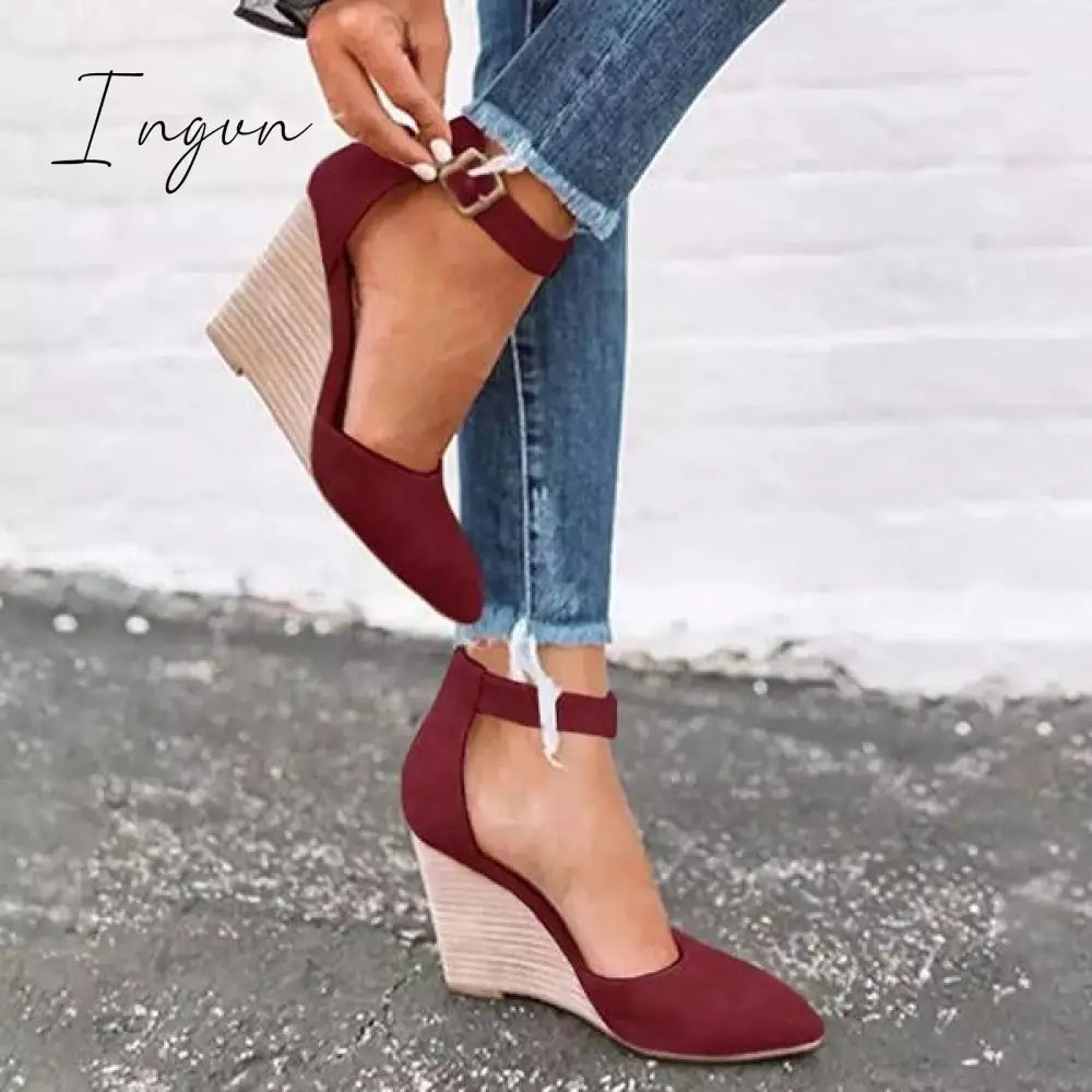 Ingvn - Women Summer Classic Wedge Pumps Ankle Strap Heels Sandals