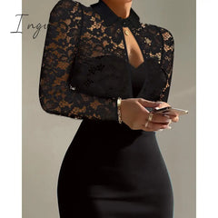Ingvn - Women Summer Contrast Lace Long Sleeve Cutout Bodycon Dress Autumn Solid Black Sexy Party