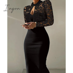 Ingvn - Women Summer Contrast Lace Long Sleeve Cutout Bodycon Dress Autumn Solid Black Sexy Party