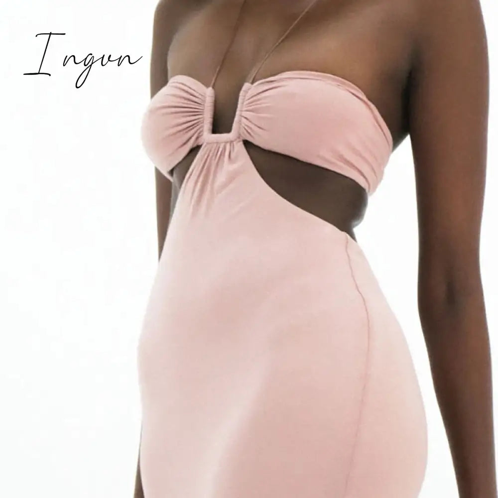 Ingvn - Women Summer Dress Wrap Hollow Out Backless Halter Beach Dresses Maxi Long Vestidos
