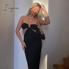 Ingvn - Women Summer Dress Wrap Hollow Out Backless Halter Beach Dresses Maxi Long Vestidos Black /