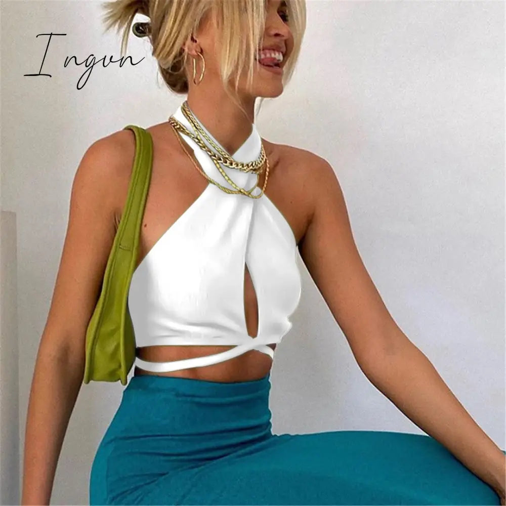 Ingvn - Women Summer Tank Tops Sexy Solid Color Cross Halter Neck Hollow Out Camisole Tie Backless