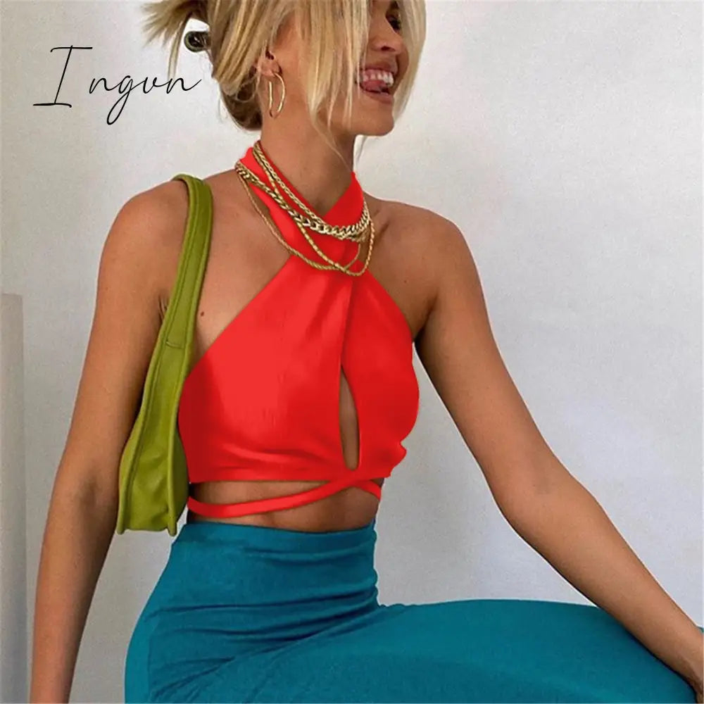Ingvn - Women Summer Tank Tops Sexy Solid Color Cross Halter Neck Hollow Out Camisole Tie Backless