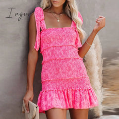 Ingvn - Women Tiered Ruffle Ruched Cami Dress Casual Elegant Fashion Chic Pink / S