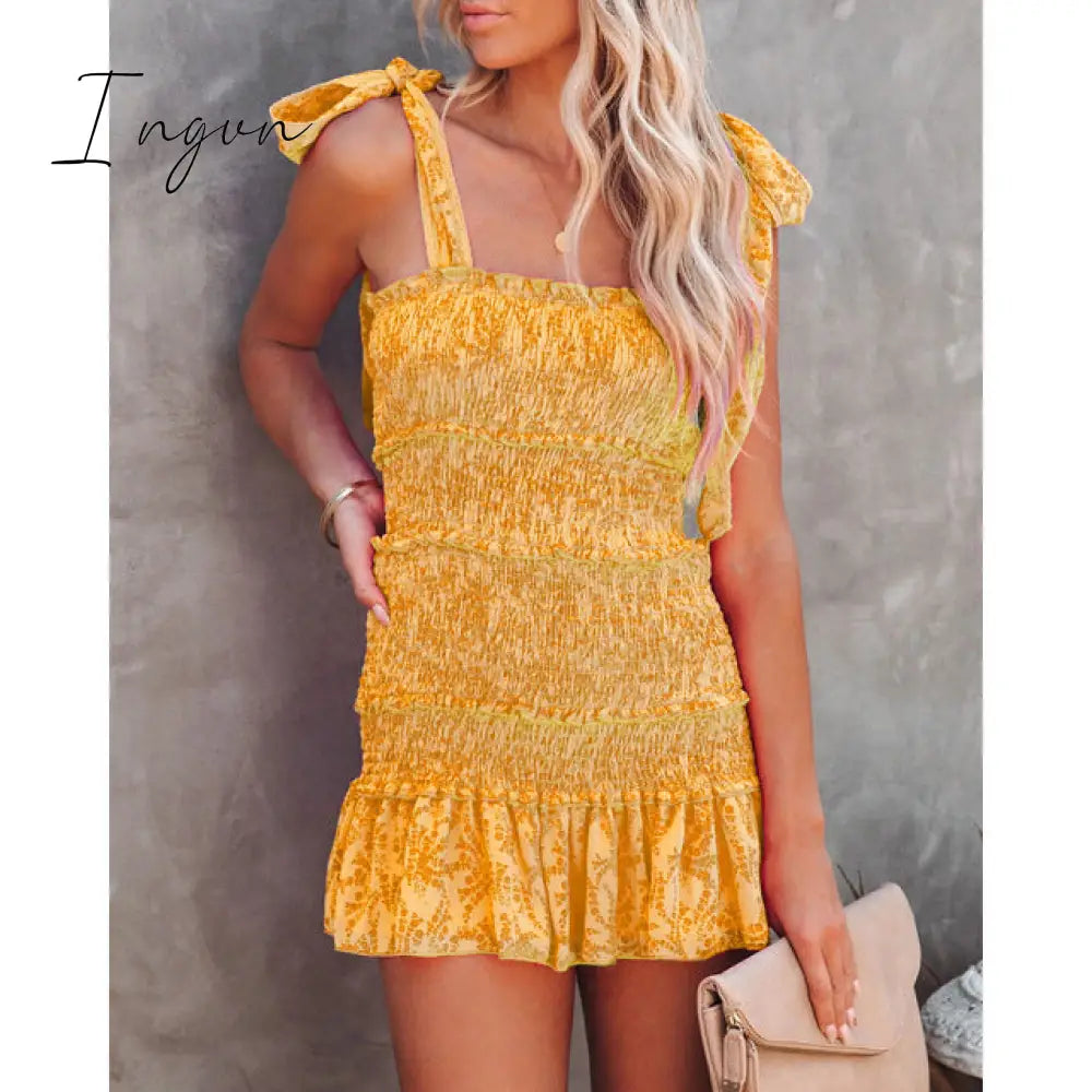 Ingvn - Women Tiered Ruffle Ruched Cami Dress Casual Elegant Fashion Chic Yellow / S
