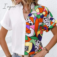 Ingvn - Women Tops Fashion Patchwork Color Shirt 2023 New Summer Short Sleeve Blouse V-Neck Casual