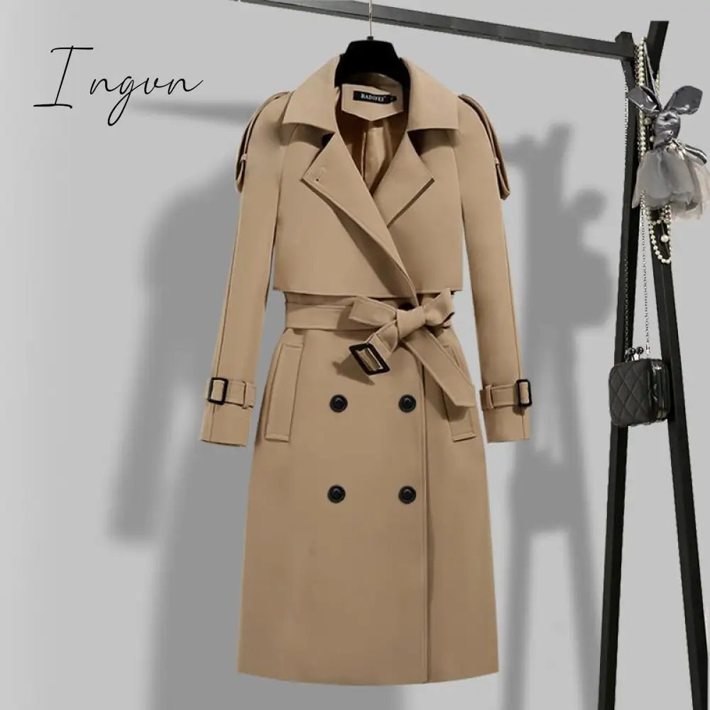 Ingvn - Women Trench Coat Solid Double Breasted Autumn Winter Elegant Vintage Turn - Down Collar