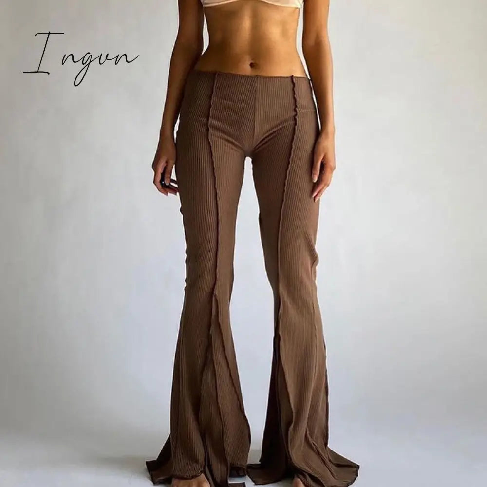 Ingvn - Women Vintage Pants Hippie Low Waist Bell Bottoms Ladies Stretch Flare Trousers Solid Color