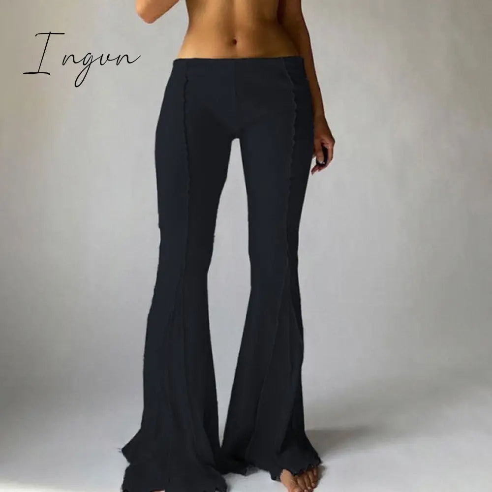 Ingvn - Women Vintage Pants Hippie Low Waist Bell Bottoms Ladies Stretch Flare Trousers Solid Color