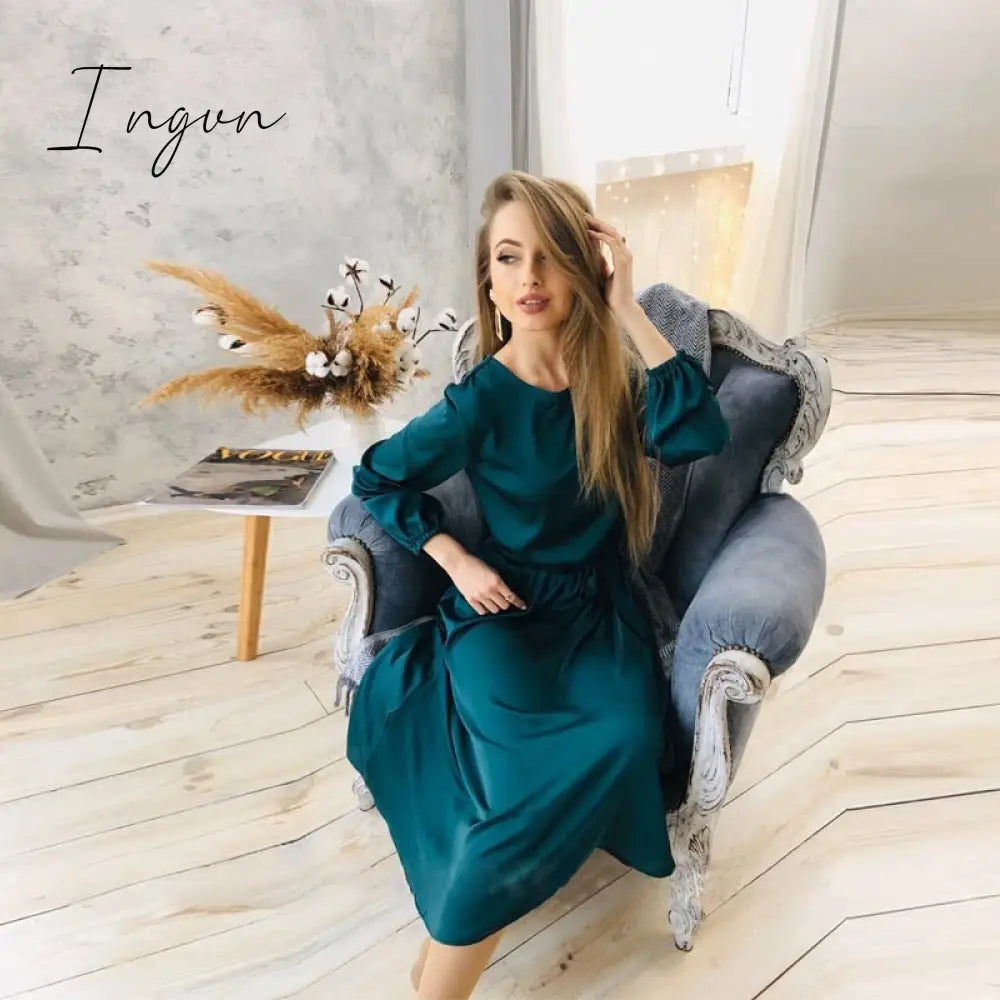 Ingvn - Women Vintage Sashes Satin A - Line Dress Lantern Sleeve O Neck Solid Elegant Casual Party