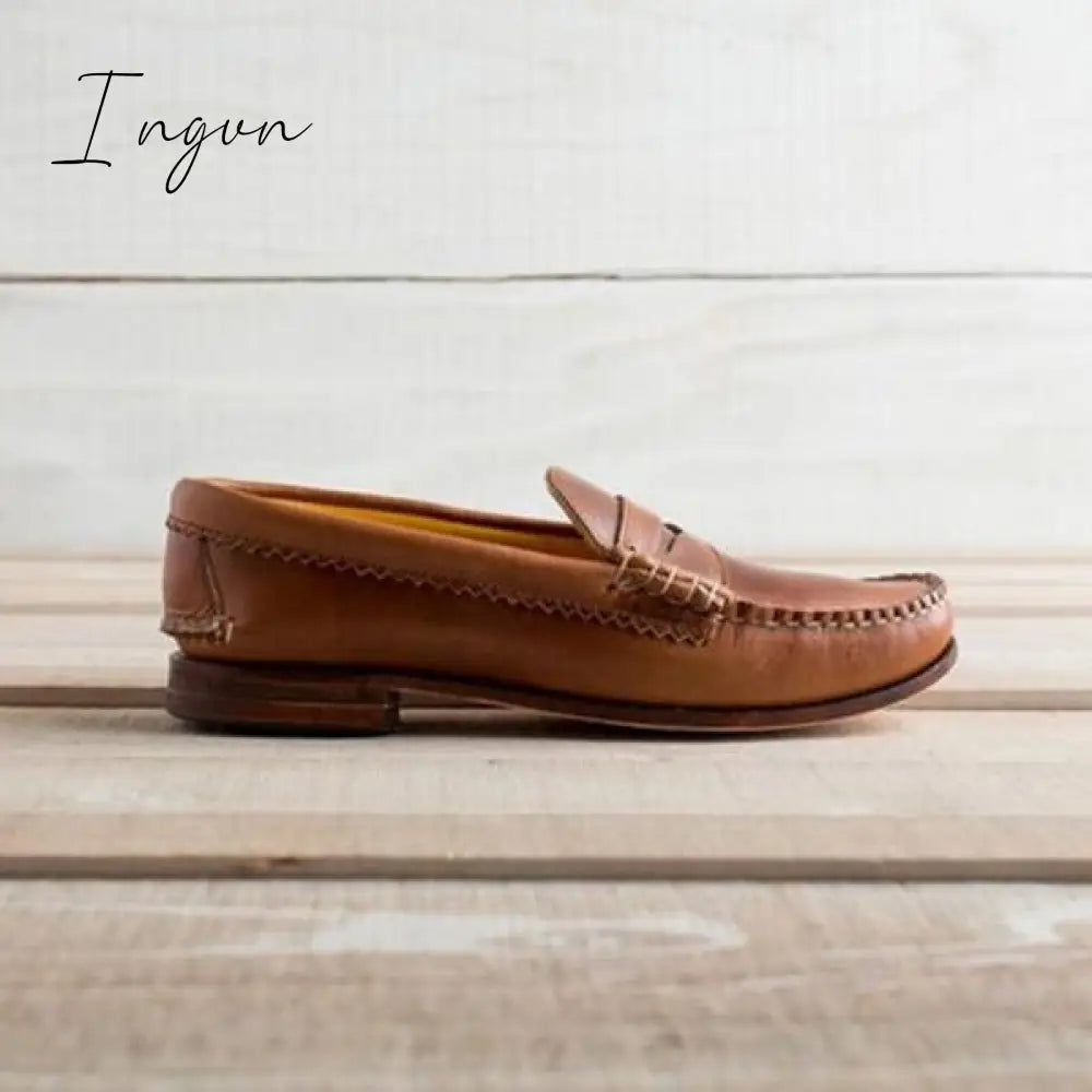 Ingvn - Women Vintage Slip On Loafers Low Heel Pu Leather