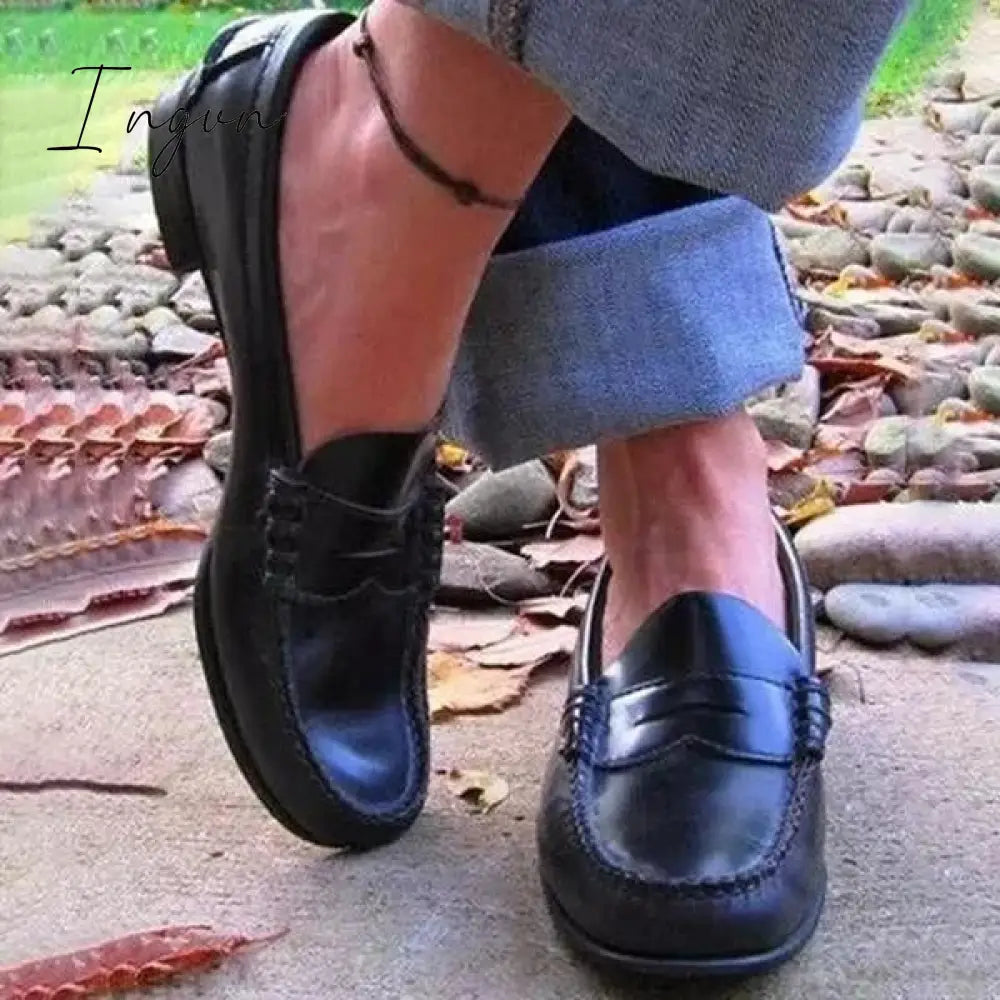 Ingvn - Women Vintage Slip On Loafers Low Heel Pu Leather Black / 5
